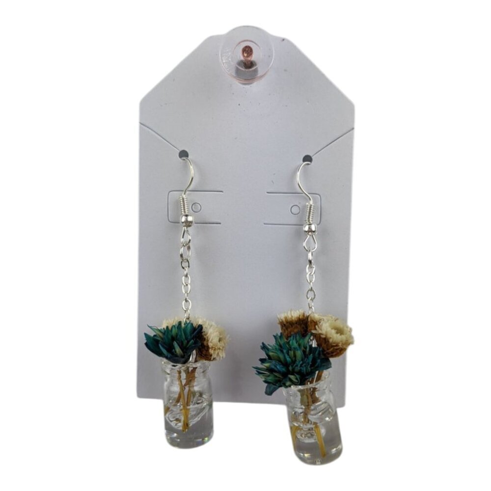 Resin Dried Flower Earrings Miniature Bouquet Blue & Cream Real Flowers